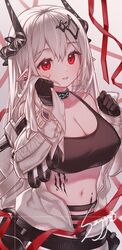  arknights black_gloves black_sports_bra breasts cleavage cowboy_shot demon_horns ear_piercing female gloves grey_hair hair_ornament highres holding_cloth horns ice_s_s_z korean_commentary large_breasts long_hair long_sleeves material_growth midriff mudrock_(arknights) mudrock_(elite_ii)_(arknights) navel oripathy_lesion_(arknights) parted_lips piercing pointy_ears red_eyes sample_watermark solo sports_bra twitter_username watermark wiping_face 