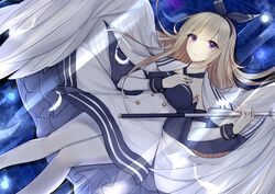  3874384829 angel_wings blonde_hair blue_ribbon bracer breast_hold breasts closed_mouth dress feathered_wings female glorious_(warship_girls_r) hair_ribbon highres holding holding_scepter long_hair looking_at_viewer lying neck_ribbon on_back pantyhose purple_eyes ribbon scepter solo warship_girls_r white_dress white_pantyhose white_wings wings 