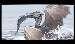  ambiguous_gender brown_body brown_scales day detailed_background digital_media_(artwork) dragon duo feral fish hi_res marine membrane_(anatomy) membranous_wings mythological_creature mythological_scalie mythology open_mouth outside runasolaris scales scalie sky teeth wings 