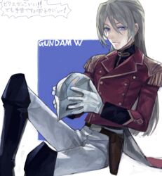  1boy bad_drawr_id bad_id blonde_hair blue_eyes epaulettes gloves gundam gundam_wing holding holding_mask long_hair male_focus mask military military_uniform nishihara_isao oekaki solo uniform unworn_mask white_gloves zechs_merquise 