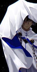  1boy absurdres arjuna_(fate) bishounen black_hair blue_eyes cape closed_mouth dark-skinned_male dark_skin fate/grand_order fate_(series) fuka_(hk_nemo) hair_between_eyes hair_over_one_eye highres long_hair long_sleeves male_focus one_eye_covered solo white_cape 