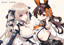  2girls animal_ears azur_lane bare_shoulders between_breasts black_dress black_ribbon black_skirt braid breast_press breasts brown_hair chikuma_(azur_lane) cleavage clothing_cutout commentary dress flower formidable_(azur_lane) frilled_dress frills gothic_lolita hair_between_eyes hair_flower hair_ornament large_breasts lolita_fashion long_hair looking_at_viewer miniskirt mole mole_under_mouth multiple_girls mumu_(bloody_johnson) orange_eyes orange_flower platinum_blonde_hair pleated_skirt rabbit_ears red_eyes ribbon shirt shoulder_cutout side_braid sideboob simple_background skirt symbol-only_commentary symmetrical_docking twintails two-tone_dress two-tone_ribbon upper_body very_long_hair white_background white_ribbon white_shirt 