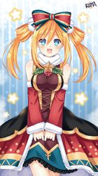  :d absurdres bare_shoulders blue_eyes blush bow breasts christmas corset detached_sleeves dress female frilled_dress frills fur-trimmed_dress fur-trimmed_sleeves fur_trim hair_between_eyes hair_rings hairbow happy highres layered_dress lewdkuma long_hair medium_breasts mega_miracle_force merry_christmas neptune_(series) official_alternate_costume orange_hair orange_heart_(neptunia) own_hands_together pom_pom_(clothes) power_symbol power_symbol-shaped_pupils shin_jigen_game_neptune_vii smile solo starry_background symbol-shaped_pupils twintails 