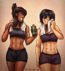  2girls 5_fingers abs after_workout artist_name asian_female athletic attack_on_titan avatar_the_last_airbender bare_shoulders black_hair blue_eyes bra breasts brown_hair brown_skin brown_skinned_female buff chocolate_and_vanilla clothed clothes clothing color colored crossover dark-skinned_female dark_hair dark_skin eastern_and_western_character eyelashes female female_abs female_only fit fit_female fully_clothed grey_eyes grin gym_shorts hair hair_tubes holding_object hourglass_figure human human_only k-y-h-u korra light-skinned_female light_skin long_hair medium_breasts medium_hair midriff mikasa_ackerman multiple_females multiple_girls muscle muscles muscular muscular_female navel one_eye_closed ponytail short_shorts shorts small_breasts smile smiling smooth_skin sports_bra sportswear standing stomach sweat sweatdrop sweating sweaty sweaty_tomboy teeth the_legend_of_korra tied_hair toned toned_female towel walking workout_clothes 