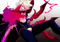  1boy bishounen cape collar fate/apocrypha fate/grand_order fate_(series) fuka_(hk_nemo) gloves green_eyes hair_between_eyes heterochromia highres karna_(fate) looking_at_viewer male_focus pale_skin red_eyes solo white_hair 