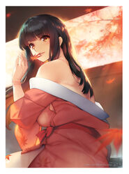  back bare_shoulders black_hair breasts brown_eyes brown_kimono commentary_request dated female from_side holding holding_leaf japanese_clothes kimono leaf lips long_hair looking_at_viewer looking_to_the_side original parted_lips sasaoka_gungu solo upper_body wind 