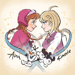  2girls akamatsu_kaede anna_(frozen) backpack bag blonde_hair blue_eyes blush braid brown_hair cape character_name colormonet commentary_request danganronpa_(series) danganronpa_v3:_killing_harmony freckles frozen_(disney) fur-trimmed_cape fur_trim hair_ornament heart hood hood_up hooded_cape kanda_sayaka long_hair long_sleeves monokuma multiple_girls musical_note musical_note_hair_ornament olaf_(frozen) pink_cape pink_eyes pink_vest randoseru simple_background smile snowman sweater_vest twin_braids vest voice_actor_connection 