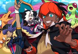  3boys baseball_cap black_hair black_jacket blue_eyes cape charizard charizard_pose choker claw_pose commentary_request dark-skinned_male dark_skin facial_hair flygon fur_trim gloves green_eyes hair_over_one_eye hat jacket leon_(pokemon) long_hair looking_at_viewer male_focus meiji_ken multicolored_hair multiple_boys oerba_yun_fang open_mouth orange_headwear piers_(pokemon) pokemon pokemon_(creature) pokemon_swsh ponytail pose purple_hair raihan_(pokemon) smile twitter_username two-tone_hair v 