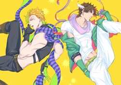  2boys battle_tendency blonde_hair blue_eyes brown_hair caesar_anthonio_zeppeli caesar_anthonio_zeppeli_(cosplay) commentary_request cosplay costume_switch facial_mark fingerless_gloves gloves green_eyes jacket jojo_no_kimyou_na_bouken joseph_joestar joseph_joestar_(young) joseph_joestar_(young)_(cosplay) kock_k midriff multiple_boys off_shoulder ribbon scarf striped_clothes striped_scarf 