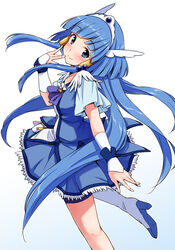  aoki_reika bike_shorts blue_eyes blue_hair blue_skirt blue_theme blush boots commentary_request cure_beauty dress female hair_bobbles hair_ornament head_tilt head_wings highres long_hair looking_at_viewer looking_back magical_girl photoshop_(medium) precure sidelocks simple_background skirt smile smile_precure solo tiara tsuttsu wings 