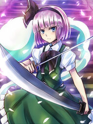  black_hairband blue_eyes bob_cut commentary_request dress dual_wielding female frown grey_hair hair_ribbon hairband holding inaba-no-kuni-tottori konpaku_youmu konpaku_youmu_(ghost) petals ribbon solo sword touhou vest weapon 