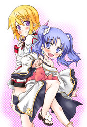  2girls absurdres back-to-back bare_shoulders blonde_hair blush charlotte_dunois commentary_request crossover earrings flower fractale hair_flower hair_ornament hanazawa_kana highres infinite_stratos jewelry kanon_(kurogane_knights) long_hair multiple_girls necklace nessa_(fractale) open_mouth photoshop_(medium) purple_eyes sandals smile voice_actor_connection 