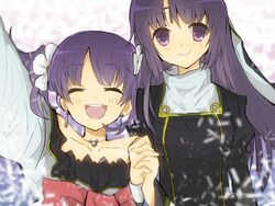  2girls bad_id bad_pixiv_id bare_shoulders blush closed_eyes dissolving earrings flower fractale hair_flower hair_ornament headdress holding_hands interlocked_fingers jewelry long_hair mirin_(heartfull_stories_0718) multiple_girls necklace nessa_(fractale) open_mouth phryne_(fractale) purple_eyes purple_hair smile spoilers twintails 