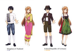  1boy absurdres apron arms_behind_back asuna_(sao) black_eyes black_footwear black_hair breasts brown_eyes brown_hair brown_hat brown_jacket brown_shorts chong_kraben cleavage collarbone dirndl dress_shirt female frilled_skirt frills full_body german_clothes green_apron grey_legwear hand_on_own_hip hat highres jacket jewelry kirito long_hair long_skirt looking_at_viewer maeda_tatsuyuki medium_breasts necklace official_art open_clothes open_jacket outstretched_arm pha_nung red_skirt sabai see-through shirt shorts simple_background skirt smile socks standing sword_art_online thai_clothes variations very_long_hair white_background white_shirt white_socks 