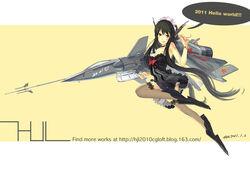  aircraft airplane august1st black_eyes black_hair blush commentary_request dress female hjl j-20 jet long_hair mecha_musume military original people&#039;s_liberation_army people&#039;s_liberation_army_air_force personification photoshop_(medium) solo strapless strapless_dress tattoo thighhighs 