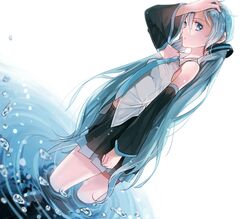  aqua_eyes aqua_hair arm_up commentary_request detached_sleeves dutch_angle female hatsune_miku highres hona_(platinum_egg) long_hair looking_at_viewer necktie ripples skirt solo twintails very_long_hair vocaloid wading water 