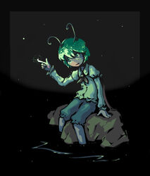  antennae cape commentary_request female fireflies green_eyes green_hair neckerchief night open_mouth photoshop_(medium) pointing rock short_hair smile solo touhou tren water wriggle_nightbug 