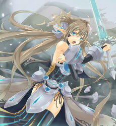  ahoge armor bare_shoulders blue_eyes bridal_gauntlets brown_hair cardfight!!_vanguard commentary_request elbow_gloves faulds female flower gloves hair_flower hair_ornament highres leading_jewel_knight_salome long_hair open_mouth petals pointy_ears rr_(rr2) solo sword thighhighs torn_clothes twintails weapon 