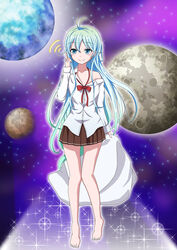  ahoge antenna_hair bad_feet bad_id bad_pixiv_id bare_shoulders barefoot blue_eyes blue_hair blush bow denpa_onna_to_seishun_otoko earth_(planet) female haru_freak long_hair moon off_shoulder planet school_uniform signal_bar skirt smile solo space touwa_erio very_long_hair 