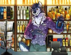  2018 alcohol anthro beverage canid canine canis claws clothed clothing detailed_background digital_drawing_(artwork) digital_media_(artwork) ear_piercing fur grey_body grey_fur kevintheradioguy looking_at_viewer male mammal noah_(kevintheradioguy) open_mouth piercing smile solo standing teeth tongue white_body white_fur wolf 