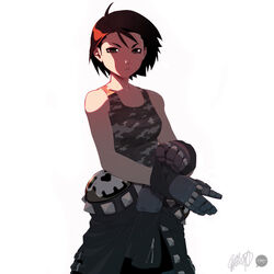  brown_eyes brown_hair camouflage collaboration female francisco_perez glove_pull gloves jeffrey_cruz justice_gakuen kazama_akira shiritsu_justice_gakuen short_hair solo tank_top 