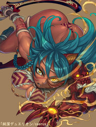  aqua_hair breasts brown_background cleavage commentary_request copyright_name dark-skinned_female dark_skin earrings eyelashes facial_mark female flaming_eye gauntlets holding holding_sword holding_weapon jewelry junketsu_duelion large_breasts official_art panties photoshop_(medium) reverse_grip sethxzoe simple_background single_gauntlet solo sword thalassa_penthesilea thong translated underwear weapon yellow_eyes 