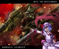  arm_cannon aura battletech blue_hair cannon character_name commentary_request crossover daike_(yataka) female flat_chest gun hat mecha moon oerba_yun_fang outstretched_arm photoshop_(medium) red_eyes red_moon remilia_scarlet ribbon rifleman_(battletech) robot scarlet_devil_mansion short_hair solo touhou weapon wings 