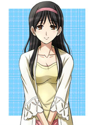  adachi_eiko amagi_brilliant_park black_hair breasts brown_eyes cleavage commentary_request female fujii_satoshi hairband long_hair medium_breasts smile solo 