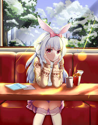  animal_ears banned_artist bunny_ears chin_rest earmuffs fast_food head_in_hand heart heart-shaped_pupils highres kneehighs long_hair looking_at_viewer mimikkoui momona_(mvv) notebook pink_eyes pink_skirt scarf silver_hair sitting skirt solo sweater symbol-shaped_pupils table tree white_legwear window winter yukiha_kanade 