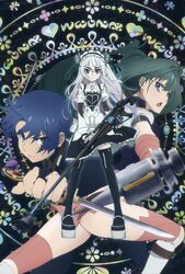  1boy 2girls absurdres akari_acura chaika_trabant dagger gun highres hitsugi_no_chaika huge_filesize long_hair multiple_girls purple_eyes thighhighs tooru_acura warhammer weapon white_hair 