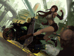  blonde_hair boots brown_eyes brown_hair city cloud_strife elbow_gloves final_fantasy final_fantasy_vii gloves kick long_hair male motorcycle navel short_hair shorts sword tifa_lockhart weapon zymv587 