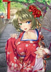  blue_eyes breasts brown_hair commentary_request cover cover_page doujin_cover female flower green_eyes hair_flower hair_ornament happy_new_year heterochromia highres idolmaster idolmaster_cinderella_girls japanese_clothes kimono large_breasts looking_at_viewer mole mole_under_eye new_year shirokuma_a short_hair smile solo stairs takagaki_kaede tied_hair torii wide_sleeves yoi_otome_(idolmaster) 