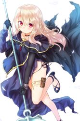  baram bare_legs black_choker black_footwear braid cape card_holster choker collarbone commentary_request cosplay fate/kaleid_liner_prisma_illya fate_(series) female holding holding_weapon holster illyasviel_von_einzbern leg_up long_hair long_sleeves looking_at_viewer medea_(fate) medea_(fate)_(cosplay) pelvic_curtain polearm red_eyes sidelocks smile solo thigh_holster thighs torn_cape torn_clothes weapon 