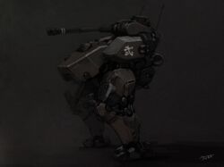  cannon commentary_request gun highres kanji karamas mecha mecha_focus military military_vehicle motor_vehicle no_humans original radio_antenna realistic robot science_fiction signature simple_background solo tank translation_request walker_(robot) weapon 