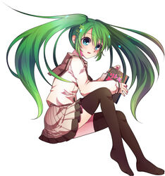  blue_eyes book commentary_request female green_hair hatsune_miku highres long_hair magu simple_background sitting skirt solo thighhighs twintails very_long_hair vocaloid 