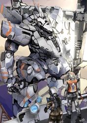  commentary_request gun hangar highres karamas mecha military original robot signature weapon 