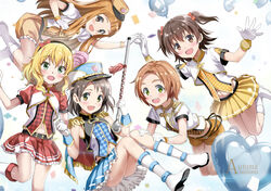  5girls akagi_miria balloon blonde_hair blue_hat blush boots brown_eyes brown_hair brown_hat commentary_request epaulettes gloves green_eyes hairband hand_on_another&#039;s_leg hat heart honjou_masato ichihara_nina idolmaster idolmaster_cinderella_girls l.m.b.g_(idolmaster) long_hair looking_at_viewer marching_band_baton marching_melodies_(idolmaster) medium_hair multiple_girls navel open_mouth ryuzaki_kaoru sakurai_momoka sasaki_chie short_hair short_twintails shorts skirt twintails two_side_up white_footwear white_gloves white_legwear yellow_skirt 