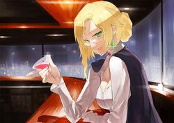  blonde_hair breasts cape cleavage commentary_request cup deigo_dego drink drinking_glass earrings female glasses glynda_goodwitch green_eyes hair_bun jewelry medium_breasts rwby single_hair_bun skyline solo window wine_glass 