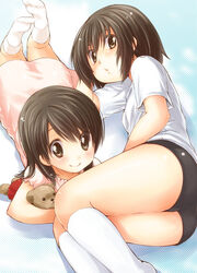  2girls ayase_ena ayase_fuuka black_hair blush brown_hair buruma commentary_request gym_uniform legs lying multiple_girls on_side on_stomach photoshop_(medium) shirt short_hair siblings sisters smile socks stuffed_animal stuffed_toy t-shirt teddy_bear thick_eyebrows thighs white_legwear yotsubato! yukiu_con 