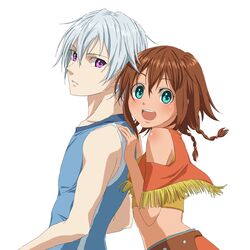  1boy amy_(suisei_no_gargantia) blue_eyes brown_hair commentary_request female fringe_trim hachi_kou ledo_(suisei_no_gargantia) purple_eyes short_hair silver_hair simple_background suisei_no_gargantia 