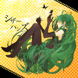  bad_id bad_pixiv_id checkered_background claws closed_eyes den17 earrings elbow_gloves female frills gloves green_hair hatsune_miku high_heels jewelry long_hair pantyhose scissorhands_(vocaloid) shoes solo very_long_hair vocaloid 