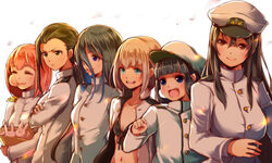  6+girls admiral_yurika ajimu_kaede annotated bikini bikini_under_clothes black_hair commentary_request eating female_admiral_(kancolle) group_picture group_profile hat kantai_collection lineup long_hair mataichi_mataro military military_uniform multiple_girls narumi_tsuyu naval_uniform open_clothes ponytail profile short_hair smile swimsuit tatebayashi_sakurako tongue uniform 