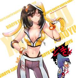  alternate_costume artist_name black_hair bracelet breasts character_name chibi chibi_inset commentary contrapposto crop_top deviantart_username elbow_gloves english_commentary engrish_commentary female fingerless_gloves gloves hand_on_own_hip highleg hood hoodie jewelry kazama_jin large_breasts ling_xiaoyu midriff narrow_waist navel no_bra one_eye_closed pants ryo_(ryoxkj) sideboob sleeveless sleeveless_hoodie solo_focus standing sweat sweatpants tekken toned twintails unzipped web_address 