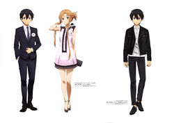  1boy absurdres artist_name asai_seiko asuna_(sao) black_eyes black_footwear black_hair black_jacket black_pants blue_necktie brown_eyes brown_hair dress dress_shirt female formal full_body hair_between_eyes hand_in_own_hair hand_in_pocket highres holding jacket kirito long_hair looking_at_viewer necktie nishiguchi_tomoya official_art open_clothes open_jacket pants pink_dress ponytail shirt short_dress sidelocks simple_background sleeveless sleeveless_dress smile standing suit sword_art_online very_long_hair white_background white_shirt 