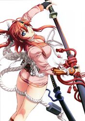  absurdres blue_eyes breasts cleavage female gloves highres hyakka_ryouran_samurai_girls katana long_hair looking_at_viewer looking_back nishii_(nitroplus) red_hair sword thighs weapon yagyuu_juubei_(hyakka_ryouran) 