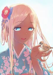  bird bird_on_hand blonde_hair blue_eyes dark-skinned_female dark_skin female floral_print flower hair_flower hair_ornament highres idolmaster idolmaster_cinderella_girls japanese_clothes kimono layla_(idolmaster) long_hair looking_down nametake open_mouth parted_bangs smile solo upper_body 