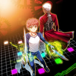  2boys archer_(fate) commentary_request dark-skinned_male dark_skin emiya_shirou fate/stay_night fate_(series) gears kanshou_&amp;_bakuya_(fate) multiple_boys raglan_sleeves red_hair setta_(tokinon) unlimited_blade_works_(fate) white_hair 