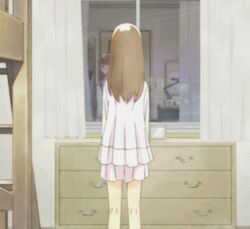  animated animated anime_screenshot bed bedroom blunt_bangs brown_eyes brown_hair bunk_bed chest_of_drawers curtains feet_out_of_frame female from_behind hourou_musuko indoors long_hair long_sleeves lowres nitori_shuuichi reflection skirt spinning white_skirt window 