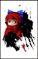  black_border border bow cape commentary_request female hairbow paint_splatter red_eyes red_hair sekibanki short_hair solo touhou tren 