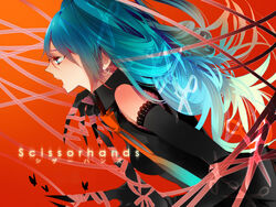  aqua_eyes aqua_hair bad_id bad_pixiv_id claws elbow_gloves female gloves hatsune_miku kanamura_ren long_hair open_mouth scissorhands_(vocaloid) scissors solo vocaloid 